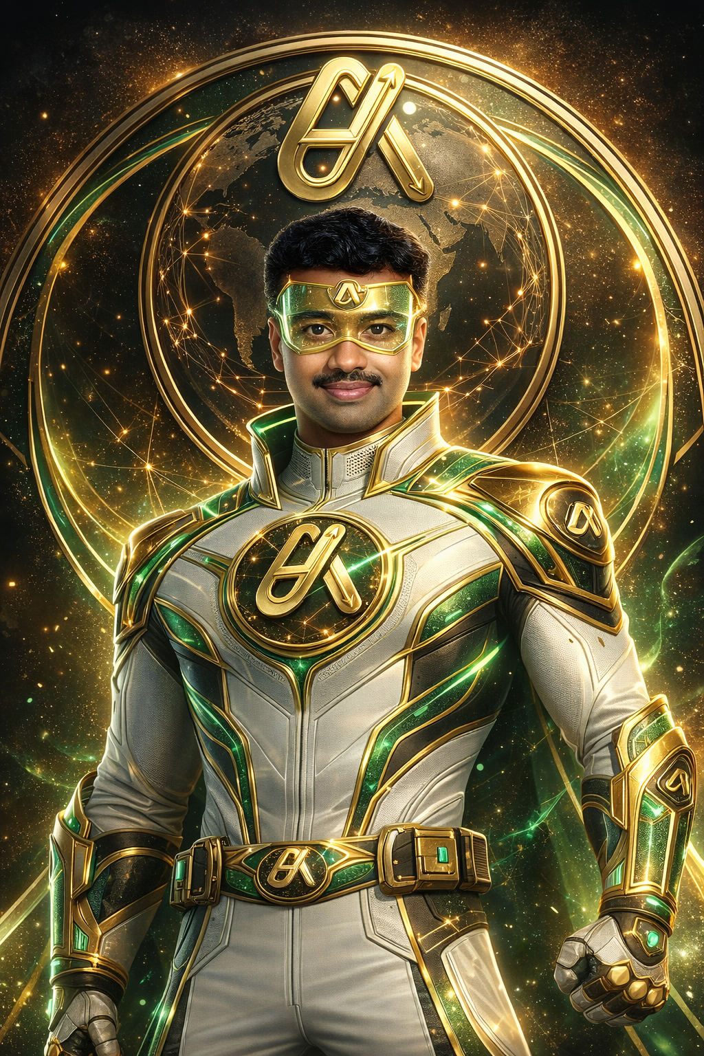 Ashok as an AI superhero in gold and emerald armor